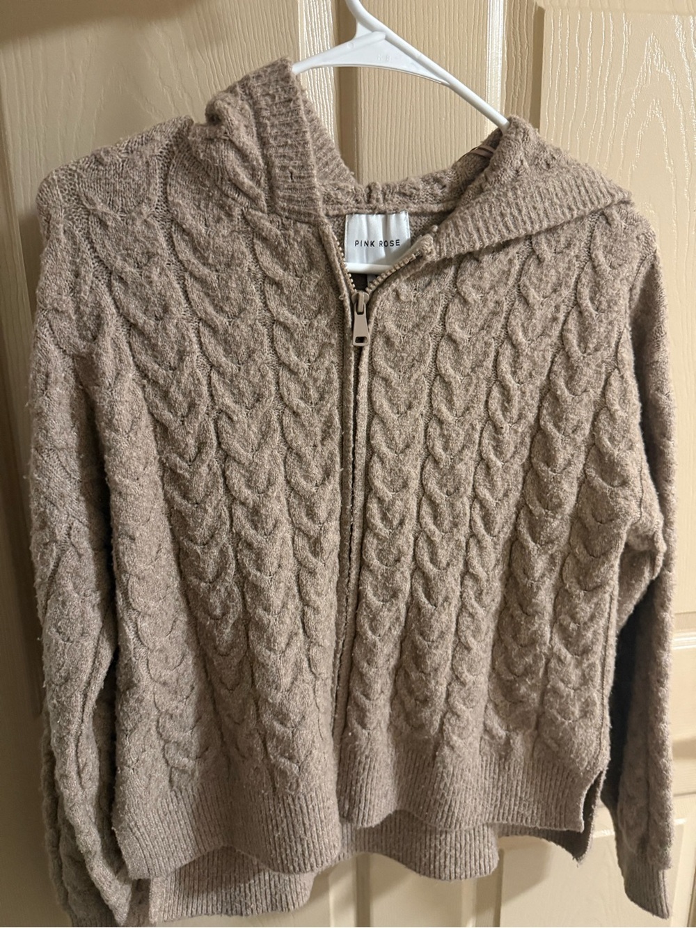 Pink Rose Women’s Zip Hoodie Sweater in Taupe